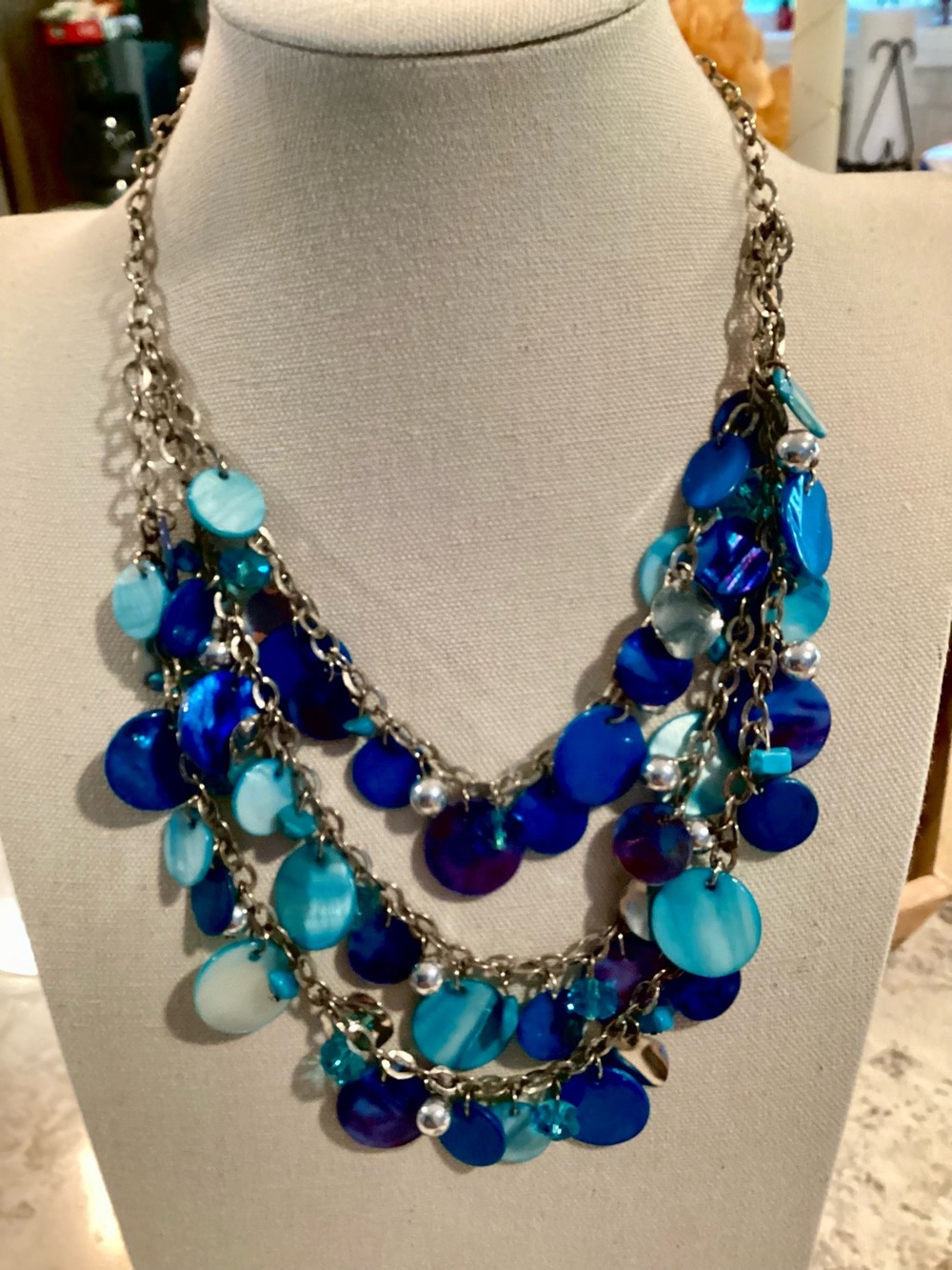 Layered Blue Mother of Pearl 2 tiered Disc Necklace - Women's Fashion Jewelry